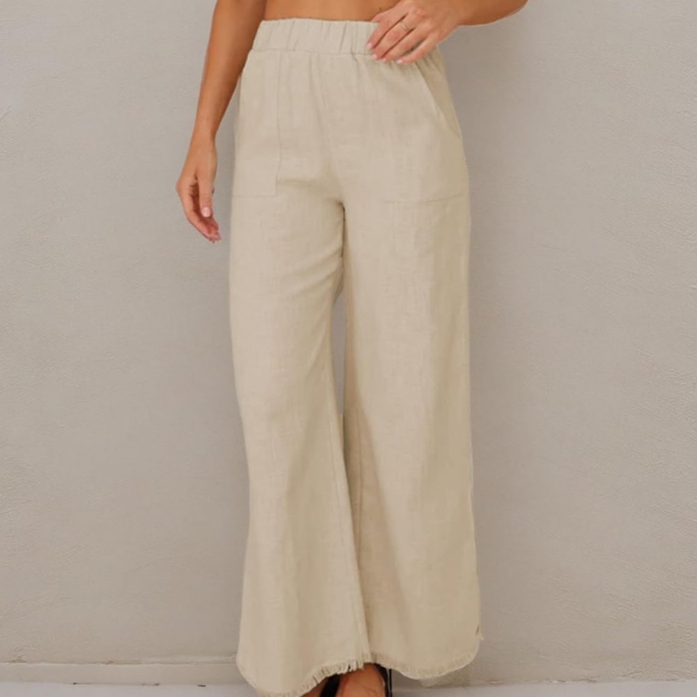Women's Beige Wide-Leg Linen Feel Pants